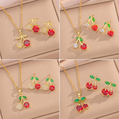 Collar Y Pendientes Cereza Acero Titanio Chapado Oro Circón Rojo Colgante Fruta Moda Lujo Mujer Accesorio