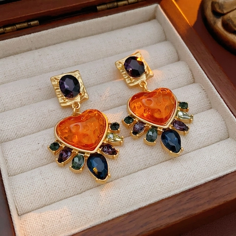 Vintage Heart Drop Earrings With 925 Sterling Silver Earring Post Copper Resin Rhinestone Palace Style Jewelry For Women