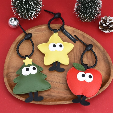 Porte-Clés De Noël En Cuir Dessin Animé Pomme Étoile Arbre Chaussette Ornement PU Charme De Sac Cadeau Festif