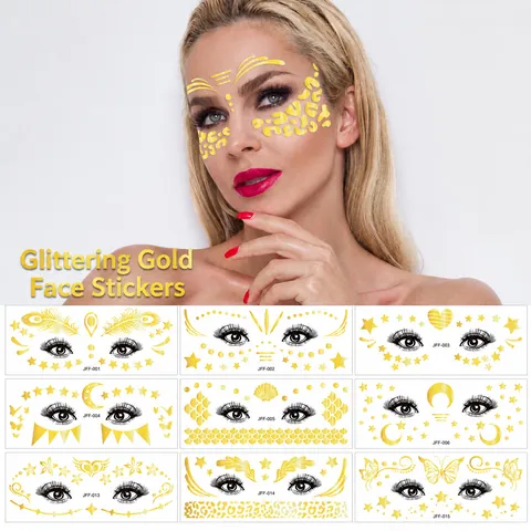 Pegatinas de Tatuaje de Cara con Purpurina Dorada Impermeables Patrones de Estrellas Mariposas Metálicas para Festivales de Música Fiesta de Disfraces Maquillaje de Mujer