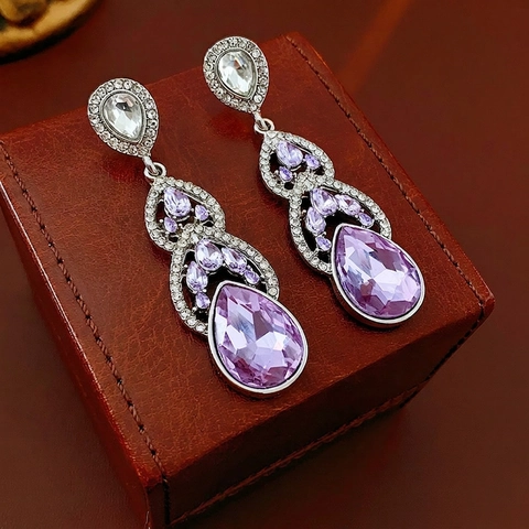 Luxury Purple Teardrop Dangle Earrings With Silver Earring Post Alloy Rhinestone Vintage Elegant Jewelry For Women