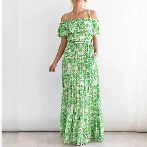 Vestido Maxi de Mujer con Hombros Descubiertos Poliéster Estampado Floral Volantes Manga Corta Estilo Bohemio de Vacaciones