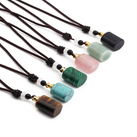 Perfume Bottle Pendant Necklace Natural Gemstone Malachite Tiger Eye Cylindrical Essential Oil Diffuser Retro Style Jewelry Women