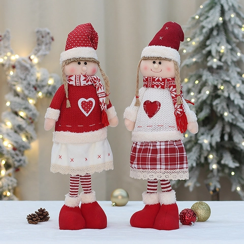 Christmas Knitted Plush Long Leg Girl Doll Ornaments Red White Heart Pattern Plaid Skirt Handmade Festive Home Table Decoration