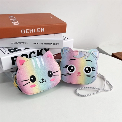 Kids Umhängetasche Regenbogen Farbverlauf Glitzer PU Leder Cartoon Katze Form Mini Schultertasche Für Mädchen Kleinkinder Modeaccessoire