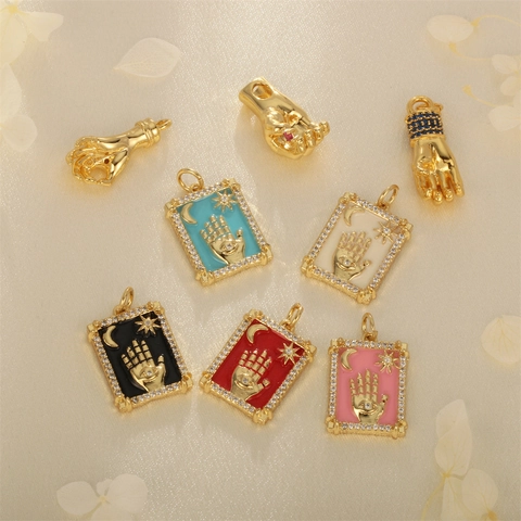 Hamsa Hand Evil Eye Pendant Copper Gold Plated Enamel Tarot Style Rectangle Charm For DIY Jewelry Making Zircon Accessory
