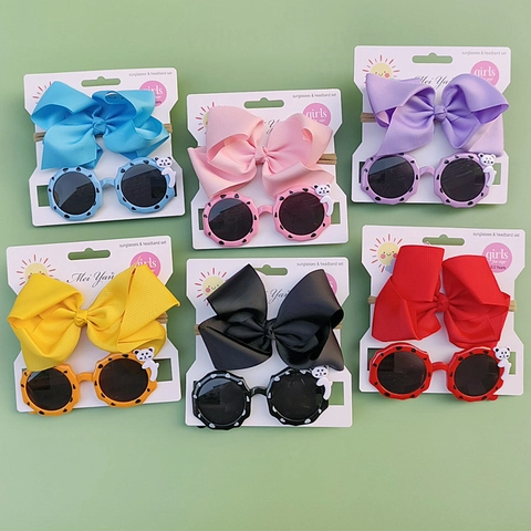 Toddler Baby Girl Sunglasses And Headband Polyester Round Cartoon Bear Polka Dot Plastic Frame UV400 Sun Protection