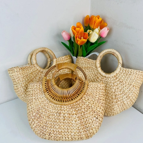 Borsa Di Paglia Intrecciata A Mano Forma Semicircolare Ventaglio Estate Spiaggia Vacanze Tote Manico Tondo Stile Boho Donna