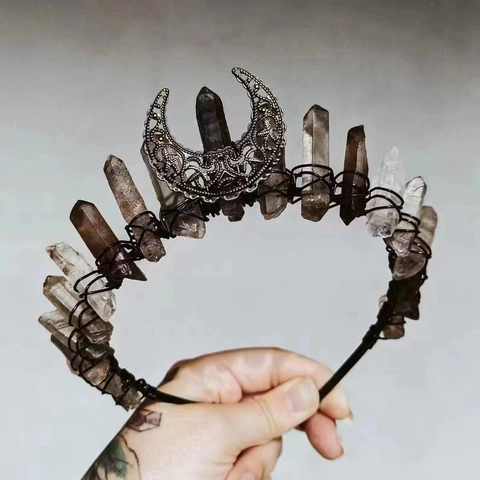 Natural Crystal Crown Headband Smoky Quartz Metal Moon Handmade Witchy Gothic Bohemian Festival Wedding Jewelry Women