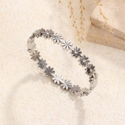 Daisy Flower Bangle Bracelet Stainless Steel Rhinestone Inlaid Hinged Floral Jewelry For Women Elegant Minimalist