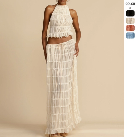 Neckholder Rückenfreies Oberteil Und Gestufter Plissierter Maxirock Outfit Chiffon Urlaub Streetwear Für Frauen