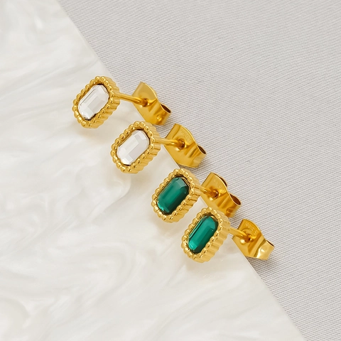 Rectangle Rhinestone 18K Gold Plated Stainless Steel Double Layer Necklace Earrings Jewelry For Women Minimalist Fashion