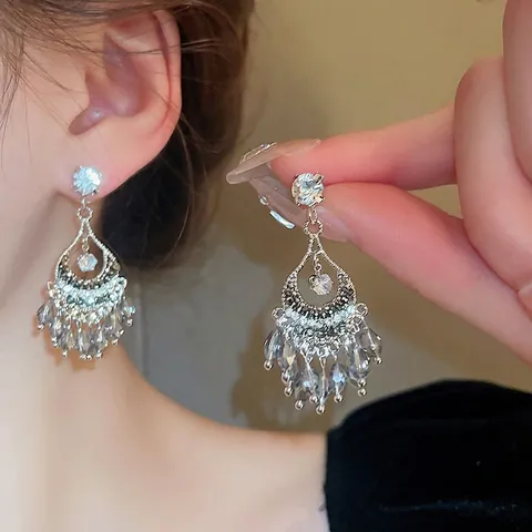Vintage Ethnische Legierung Kristall Strass Quaste Ohrhänger Mit 925er Sterling Silber Ohrstecker Für Damen