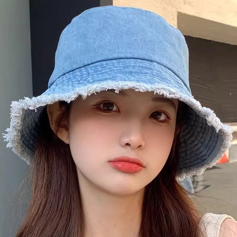 Cappello da Pescatore in Denim da Donna in Cotone Protezione Solare Bordo Sfilacciato Moda Estiva Streetwear Cappello per Esterno