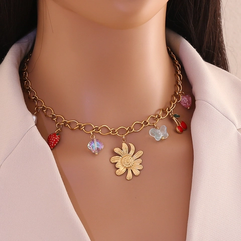 Stainless Steel Multi Charm Necklace For Women Gold Plated Heart Sunflower Butterfly Fruit Imitation Artificial Pearl Pendant Jewelry