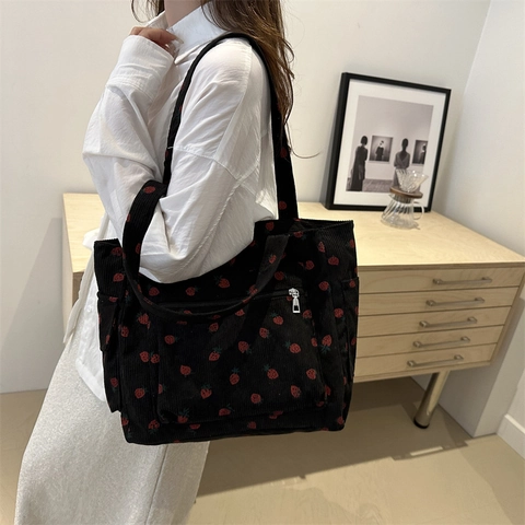 Borsa Tote In Velluto A Coste Con Stampa Fragole Borsa A Spalla Capiente Con Tasca Con Cerniera Borsa Casual Per Donna