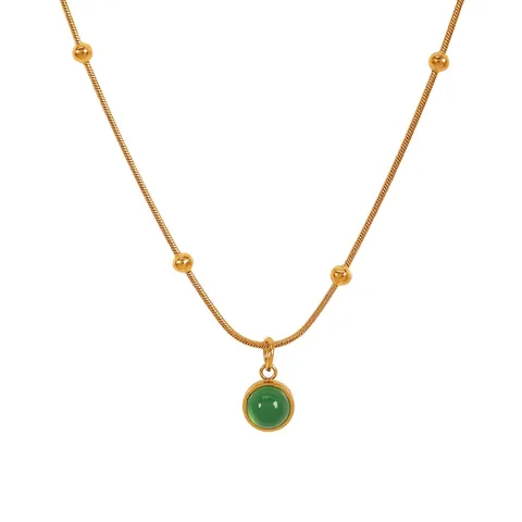 Collar Con Colgante De Piedra Aventurina Verde Vintage Francés Acero De Titanio Chapado En Oro De 18K Amuleto Redondo Minimalista Cadena Serpiente