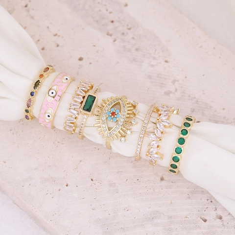 Anillos De Cobre Del Mal De Ojo Con Circón Colorido Banda Abierta Ajustable Esmalte Joyería De Lujo Bohemia Para Mujer