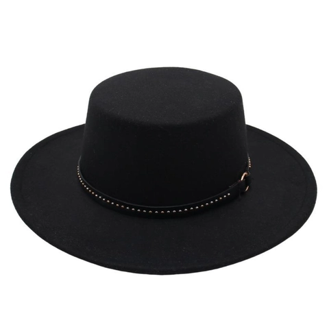 Eleganter Damen Wollfilz Flacher Hut Französischer Stil Breite Krempe Mit Schwarzem Nietband Sonnenschutz Party Hut