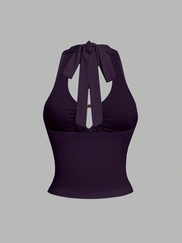 Sexy Purple Halter Neck Tank Top Women Slim Fit Ruched Tie Up Metal Ring Cropped Cami Summer Sleeveless Backless Clubwear