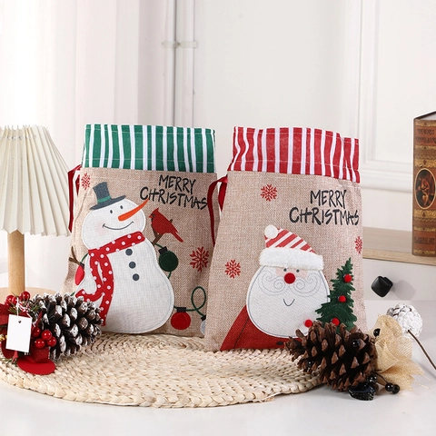 Weihnachts Geschenkbeutel Kordelzug Leinen Süßigkeiten Beutel Weihnachtsmann Schneemann Festliche Party Dekoration