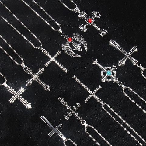 Cross Pendant Necklace Retro Hip Hop Gothic Punk Alloy Wings Skull Stainless Steel Chain For Men Women