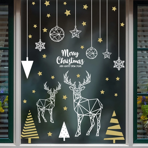 Weihnachtsfenster Aufkleber Geometrische Rentiere Schneeflocken Statisch Haftende PVC Beidseitige Glasbilder Feiertagsdekoration