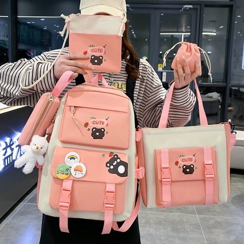 Nylon School Backpack Tote Crossbody Bag Pencil Case Drawstring Bag Large Capacity Lightweight Kawaii Cute Cartoon Bear Girls Students