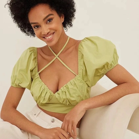 Women Crop Top Blouse Polyester Backless Tie Back Puff Sleeve Halter Crisscross Ruched Sweet Style Sexy Summer Shirt