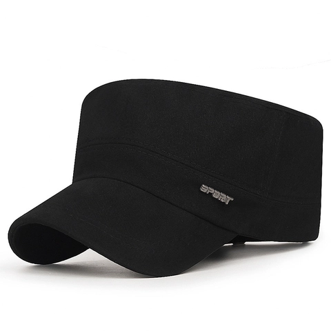 Men Cotton Cadet Cap Flat Top Hat Military Style Adjustable Outdoor Sun Protection Casual Sport Metal Label