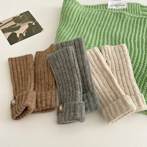 Damen Wollmischung Fingerlose Handschuhe Winter Warme Rippenstrick Halbfinger Handschuhe Für Studenten Handgelenk Armstulpen