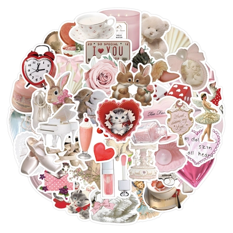 Coquette Ästhetik Aufkleber Wasserdicht PVC Rosa Vintage Retro Stil Süße Cartoon Tiere Blumen Dekore Für Scrapbooking Laptop