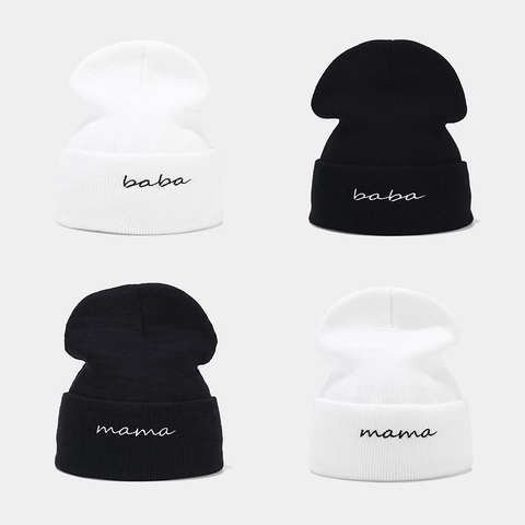 Berretto In Maglia Di Acrilico Con Ricamo Baba Mama Cappello Con Risvolto Caldo Inverno Street Style Unisex
