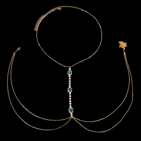 Sexy Lichaamsketting Sieraden Met Smaragdgroen Vierkant Kristal En Legering Wit Strass Voor Dames Party Accessoire