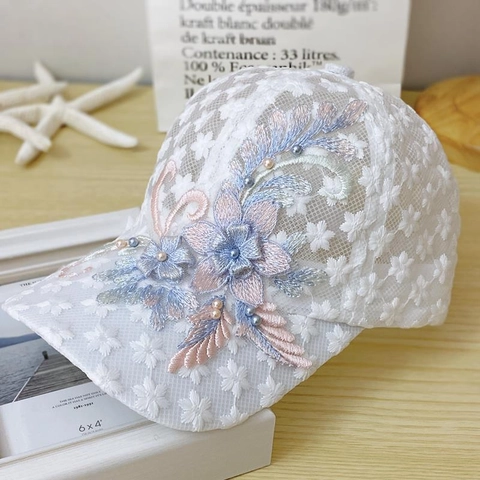 Gorra Béisbol Encaje Mujer Con Bordado Floral Y Perla Artificial Diseño Malla Transpirable Protección Solar Verano Moda Aire Libre