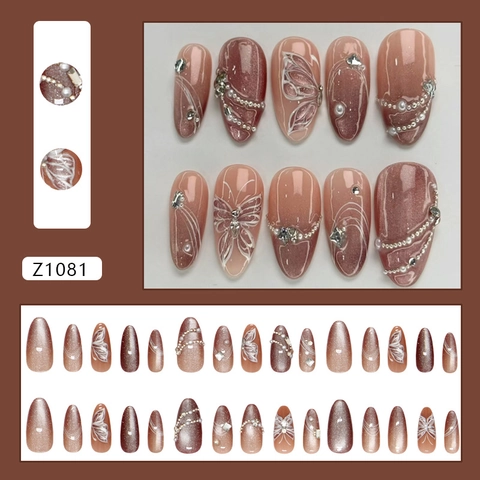 Uñas Postizas 3D Ojo de Gato Mariposa Degradado Rosa Diseño Galaxia Estrella Con Diamantes de Imitación Perla Artificial Uñas de Almendra para Mujer