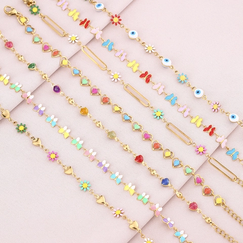 Evil Eye Butterfly Heart Daisy Enamel Bracelet Stainless Steel Adjustable Gold Plated Fashion Jewelry For Women