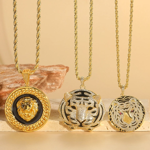 Hip Hop Gedurfd Dier Hanger Halsketting Voor Vrouwen Koper Verguld Leeuw Tijger Luipaard Hoofd Torsieketting Zirconia Email Statement Sieraden