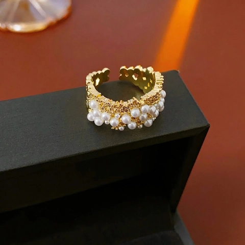 Anello Perla Artificial Rame Zirconia Cubica Design Aperto Regolabile Gioiello Da Dito Moda Lusso Per Donna