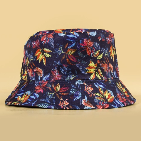 Reversible Bucket Hat Polyester Colorful Leaf Print Foldable Double Sided Sun Protection Summer Outdoor Tropical Travel