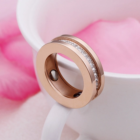 Rose Gold Plated Stainless Steel Magnetic Ring With Cubic Zirconia Eternity Band Fashion Jewelry For Women Men
