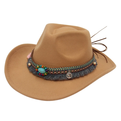 Cappello Fedora in Feltro di Lana Etnico Western Cowboy Con Nappine Turchese e Perline Retrò Boho Spettacolo Festa per Uomo Donna
