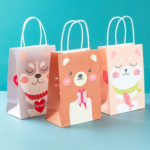 Cartoon Animal Gift Bags With Handles White Kraft Paper Packaging For Party Favors Cute Lion Dinosaur Bear Pattern