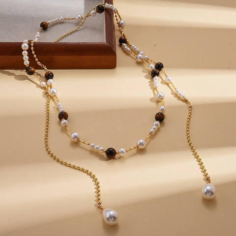 Collier Longue Chaîne De Pull Avec Pierre Gemme Oeil De Tigre Et Künstliche Perles Fantaisie Bijoux Élégants Pour Femmes