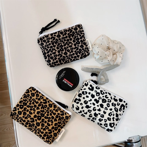 Leopard Print Cotton Canvas Coin Purse Mini Zipper Storage Pouch For Lipstick Card Small Items Portable Fashionable