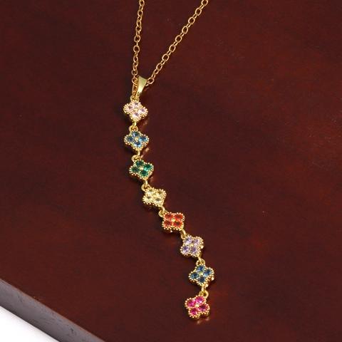 Luxury Stainless Steel Colorful Zirconia Four Leaf Clover Pendant Necklace Women 18K Gold Plated Multi Color Flower Fashion Jewelry