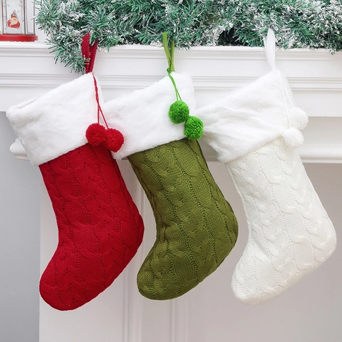 Christmas Stocking Knit Acrylic Cable Pattern White Faux Fur Cuff Decorative Gift Bag Hanging Traditional Festival Ornament