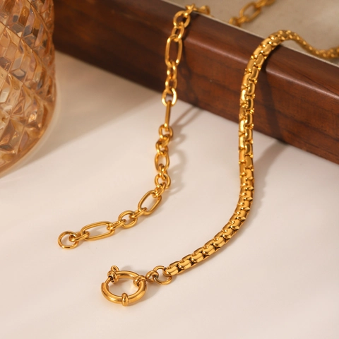 Collana A Catena Spliced Acciaio Inossidabile Placcato Oro 18K Con Chiusura Marinaia Maglie Box E Figaro Gioiello Per Donna