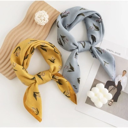 Women Square Neck Scarf Elegant Floral Houndstooth Print Imitation Satin Polyester Lightweight Scarf Fashion Decorative Headband