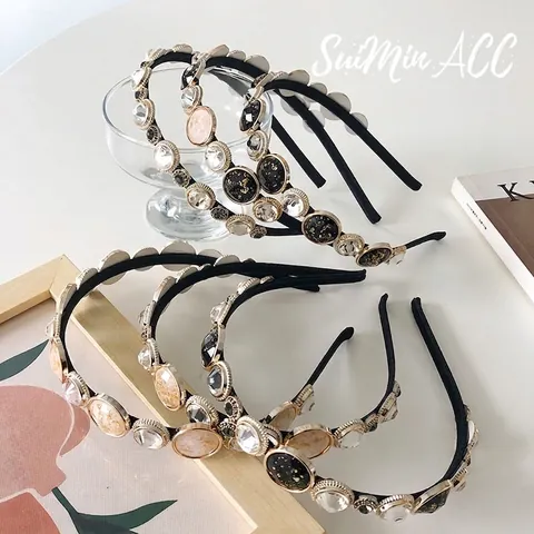 Retro Baroque Thin Headband Alloy Rhinestone Resin Faux Artificial Pearl Round Gemstones Hair Band Accessories For Women Girls